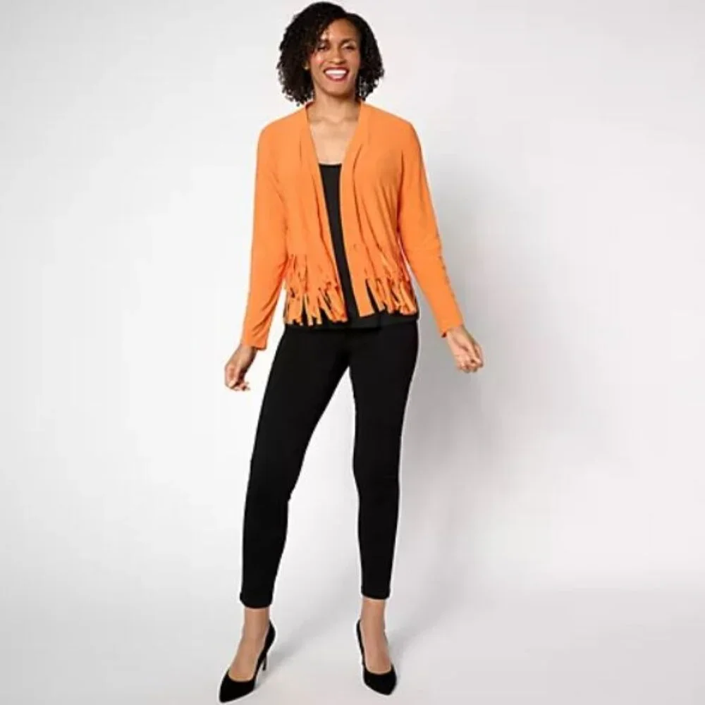 Attitudes by Renee Como Jersey Knit Fringe Cardigan; Exotic Orange, 4X